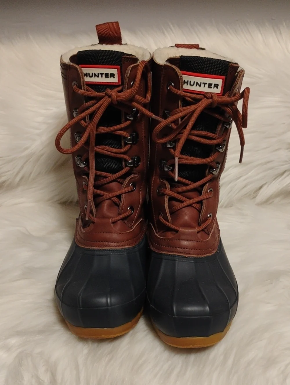 (C-76) Hunter Brown & Black Lace-Up Insulated Rain Boots Sz.7